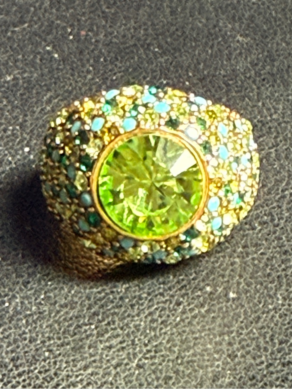 1990s RARE KJL Kenneth Jay Lane 2 Tones of Green Crystal & Turquoise Ring Size 7